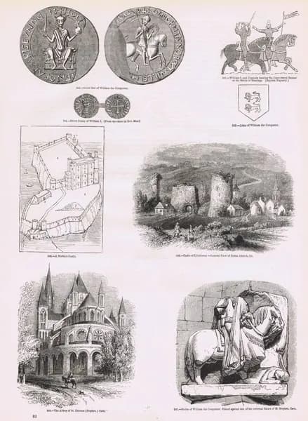 Старая Англия 42. Руины замка Лиллебон, нормандская крепость, монеты, большая печать, герб и статуя Вильгельма Завоевателя. Антикварная гравюра (ксилография). Англия, 1864 год