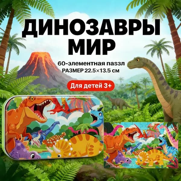 Пазл из 60 элементов (железный ящик) - это мир динозавров, подходящий для детей в возрасте 4-8 лет