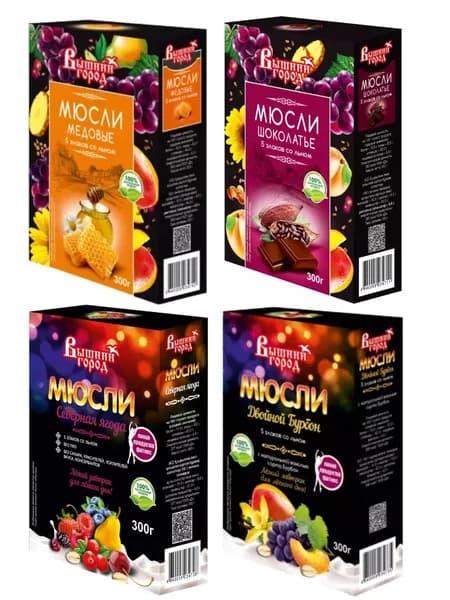 МИКС мюсли Вышний город 4 вкуса: Медовые, Шоколатье, Северная ягода, Двойной Бурбон, 4шт х 300г