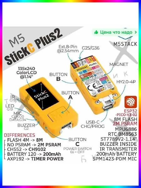 Контроллер M5StickC PLUS с Wi-Fi, TFT-экраном 1.14 дюйма и набором модулей CC1101&NRF24L01 для IoT-проектов