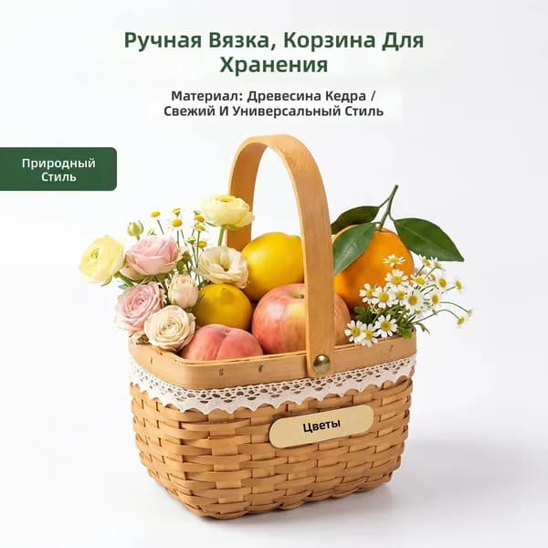 Корзина плетеная для пикника трапециевидная с кружевной отделкой, деревянная ручка, для фруктов и хлеба
