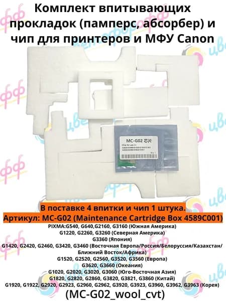 (MC-G02_wool+chip) Памперс (поглотитель чернил) комплект впитывающих прокладок и чип для Canon G1420 G2420 G2460 G3420 G3460