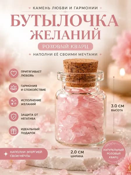 Оберег с натуральным камнем розовый кварц в бутылочке