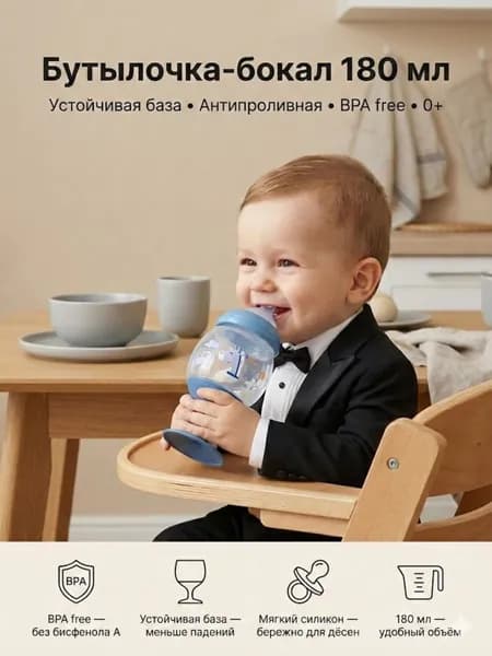 Бутылочка детская 180 мл бокал с силиконовой соской, антипроливная, BPA free, для новорождённых 0+, мерная шкала, для смеси воды сока