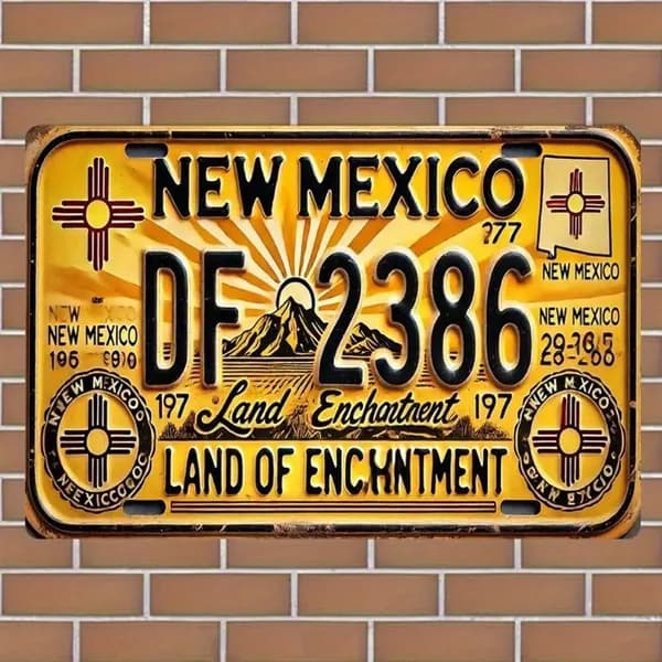 Табличка "New Mexico DF 2386 Land of Enchantment", ретро стиль, металл, декор с американской штатной культурой, 15х30 см.