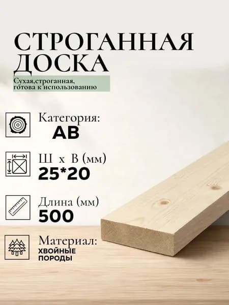 Доска обрезная сухая строганная AB (2 шт) из хвойных пород дерева (ель; сосна). 500*25*20