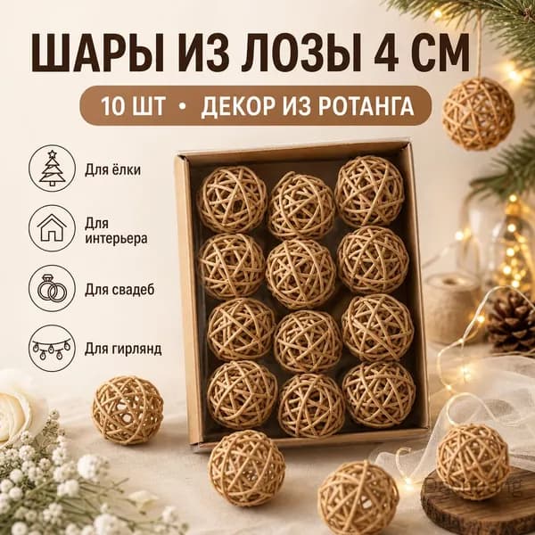 Шары из лозы круглые диаметром 4 см, 10 шт, декор из ротанга