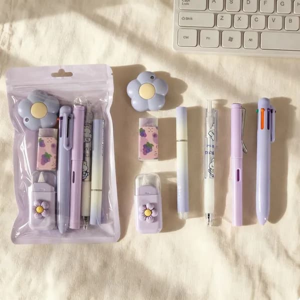 Канцелярский набор 7 предметов Bemao, фиолетовый, цветочный дизайн