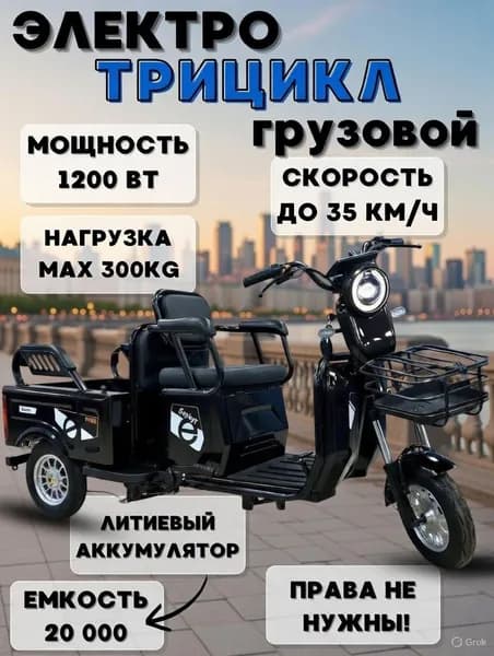 Грузовой Электроцикл для огорода с багажником до 300 кг 35 км/ч