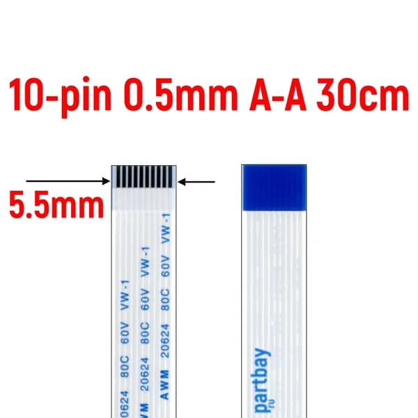 Шлейф FFC 10-pin Шаг 0.5mm Длина 30cm Прямой A-A AWM 20624 80C 60V VW-1