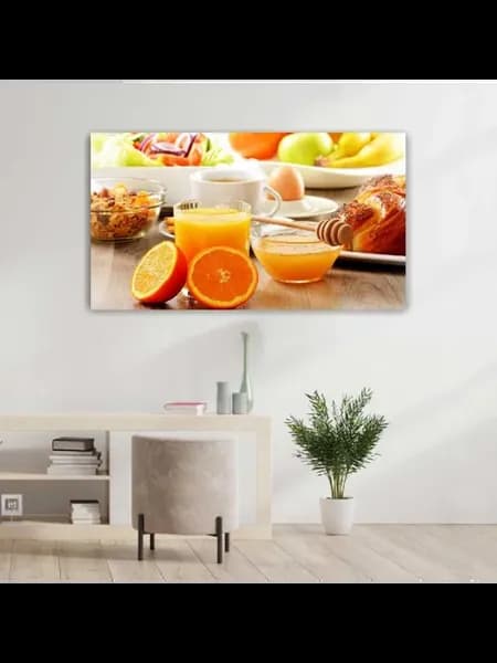 Картина на холсте, 60x110, Сок апельсиновый фрукты мюсли