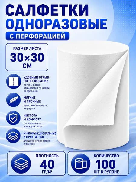 Салфетки в рулоне (без втулки) одноразовые Спанлейс 40 г/м2 (30*30 см), 100 шт в рулоне