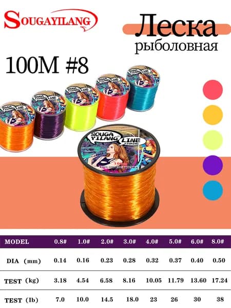Sougayilang Монофильная леска для рыбалки, размотка: 100 м, толщина: 0.5 мм