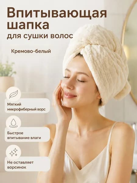 Шапочка для сушки волос из пуффи-велюра, 25 65 см, цвет: кремово-белый, ультрамягкая, быстросохнущая