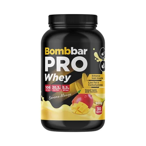 Bombbar Whey Protein Pro протеин сывороточный без сахара, вкус банан-манго 900г