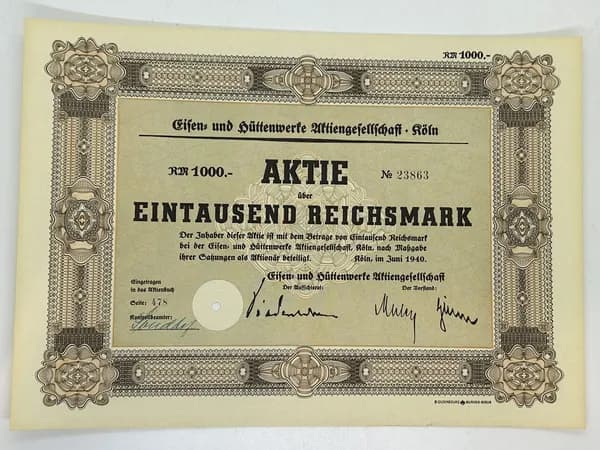 Акция Германия. Металлургические заводы, г.Рейн, 1000 рейхсмарок 1940 год №36