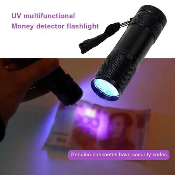 УФ фонарик для проверки денег 9 LED с фиолетовым светом, детектор флуоресценции и защиты от подделок, сушилка для ногтей, в коробке