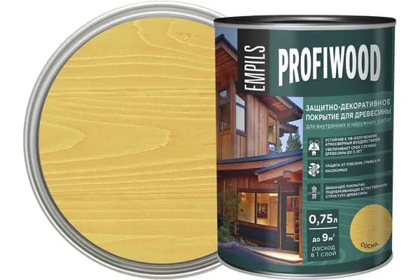 Защитно-декоративное покрытие для древесины PROFIWOOD, 0,75 л/ 0,7 кг. Для внутренних и наружных работ. Цвет: Сосна, полуматовое покрытие