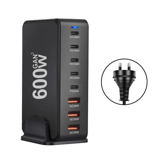 600W 8-портовое зарядное устройство GaN, Черный - AU