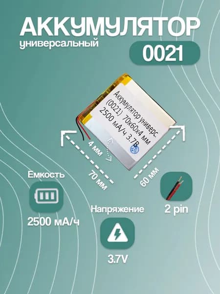 Аккумулятор универсальный для навигатора и портативной техники 0021, 2500 мАч, 70x60x4 мм, 2 pin