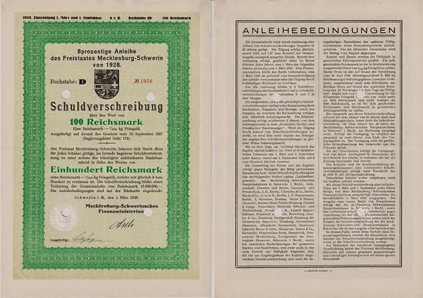 Германия, Мекленбург-Шверин, Шверин, 8 % долговое обязательство, 1928 год, 100 рейхсмарок