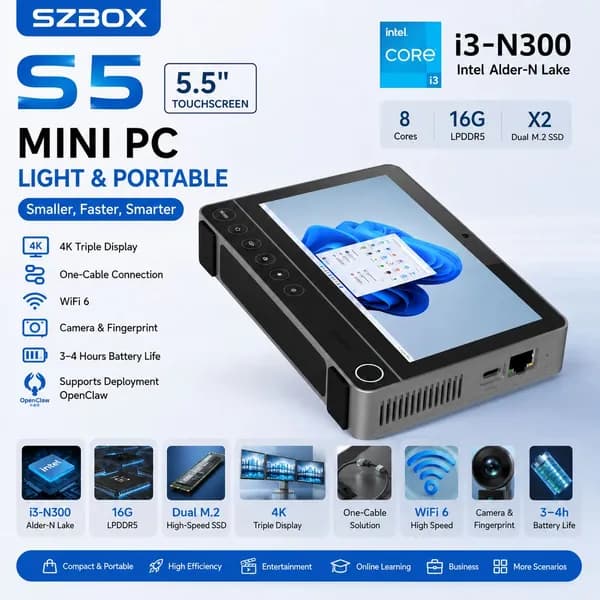 SZBOX Мини-ПК (Intel Core i3-N300, RAM 16 ГБ, SSD 256 ГБ, Windows), светло-серый