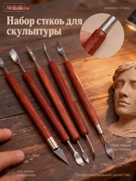 Набор стеков для лепки и скульптуры 6 шт. Инструменты для полимерной глины и керамики. Деревянные ручки, стальные наконечники. Для моделирования