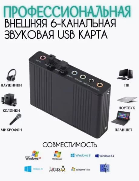 Профессиональная звуковая карта USB 6-канальная 5,1 оптическая внешняя CM6206 чипсет, черная