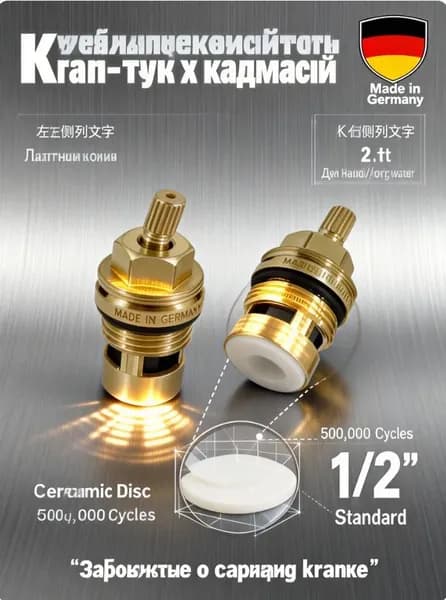 Кран-букса керамическая 1/2" для смесителя (2 шт), немецкая латунная головка вентиля, ремкомплект для крана, Made in Germany