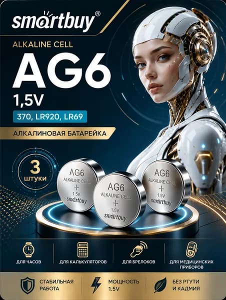 Батарейки AG6 (LR921), 3 шт, алкалиновые 1,5V SmartBuy