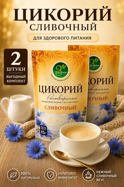 ЗДРАВНИК Цикорий растворимый со Сливочным вкусом, дополнен сливками на растительной основе, 85 г. (2 уп.)