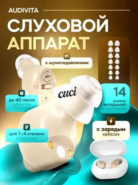 Слуховой аппарат Audivita с зарядным кейсом / усилитель звука для пожилых и слабослышащих людей / усилитель слуха