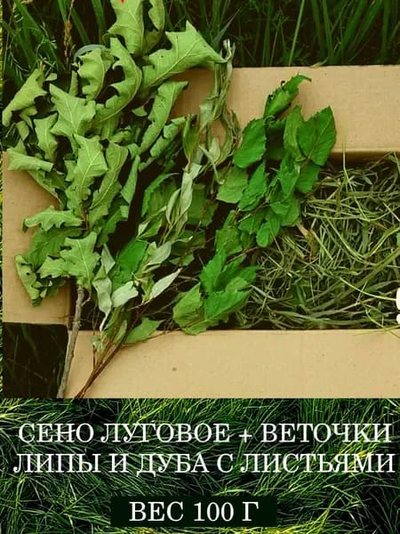 Наполнитель в клетку/ вольер: Веточки липы и дуба с листьями, сено для животных, грызунов, птиц.