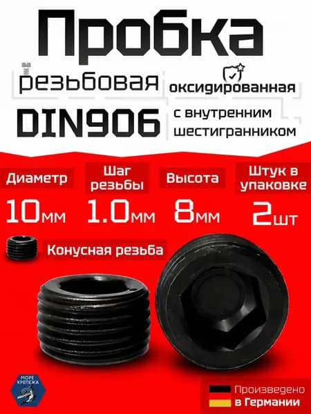Пробка (заглушка) М10 х 1,0 DIN 906, сталь без покрытия, 2 шт