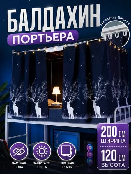 Балдахин портьера 200х120 см крепление Бегунок синий