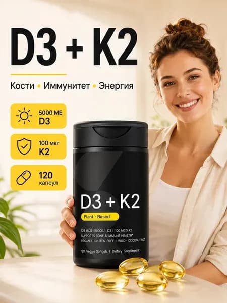 D3+K2 5000 100 мкг, растит, MCT, кости иммунитет, 120 капс