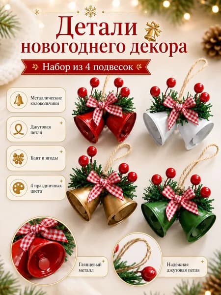 Бант новогодний 14 см разноцветный 4 шт.