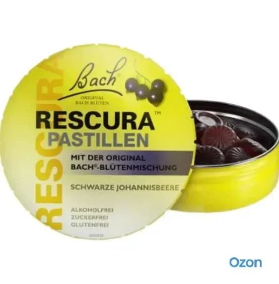 Bach, RESCUE REMEDY, Успокаивающие пастилки, природное снятие напряжения,черная смородина, 50 г