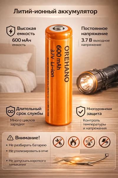 Аккумулятор 14500 для фонаря 3.7 v li ion 600 mAh (1шт)