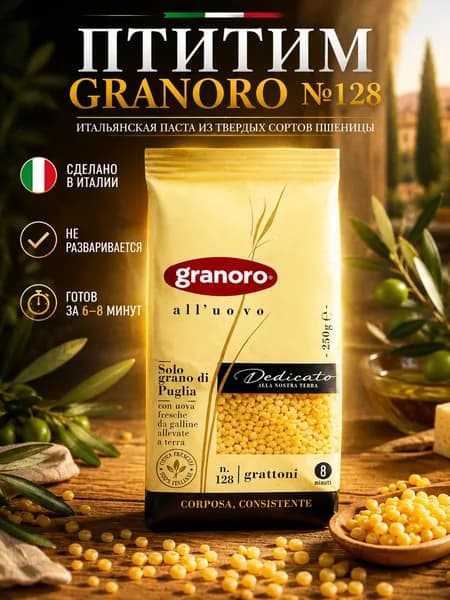 Птитим GranOro Grattoni №128, 250 г итальянская паста из твердых сортов пшеницы, для супов, гарнир