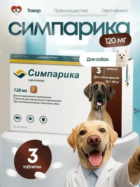 Симпарика 120 мг для собак 40-60 кг (3 таблетки)