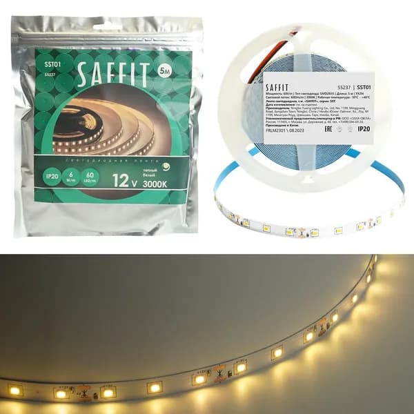 Светодиодная лента SST01 60SMD(2835)/m 6Вт/м 12V 5000*8*1.22мм 3000K, IP20 SAFFIT 55237