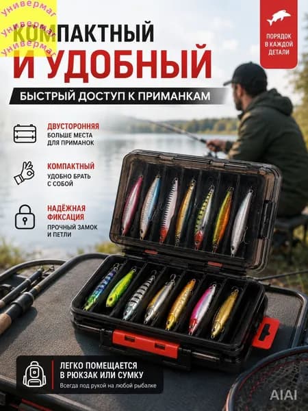 Двусторонняя коробка для приманок 12 ячеек, рыболовный бокс для воблеров, блёсен и крючков, органайзер для снастей 2013,610,6 см, 215 г(черный)