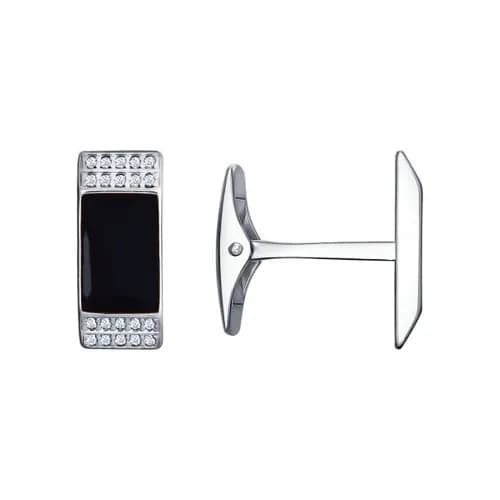 Запонки из родированного серебра 925 пробы с эмалью и фианитами / 17*7 мм