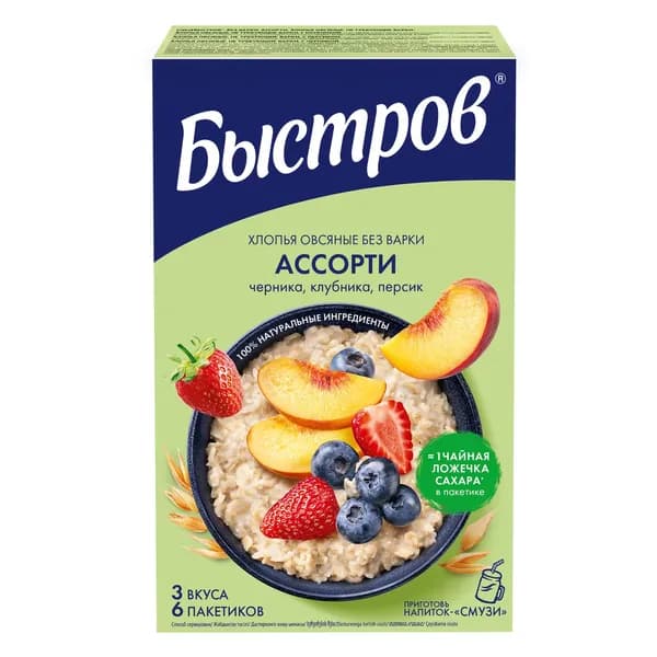 Каша овсяная БЫСТРОВ Ассорти с черникой, клубникой и персиком, 240г x 3 упаковки