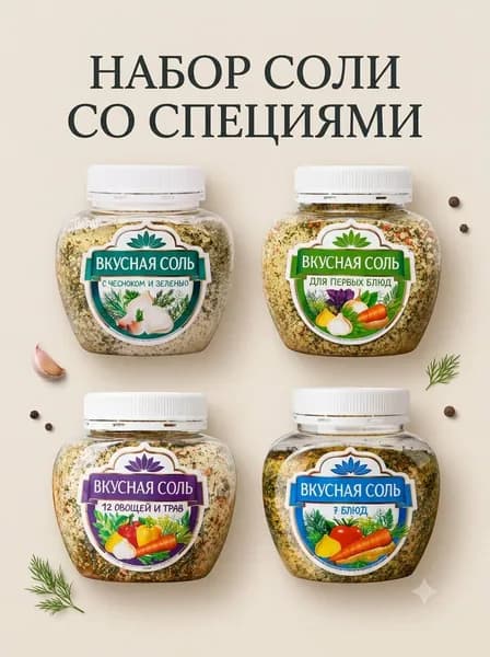 Пищевая соль с приправами и специями, набор 4 вида