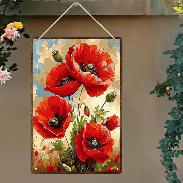 Алюминиевая табличка "Красные маки", декоративное панно для сада и дачи, влагостойкая металлическая картина, декор для веранды, 20x30 см