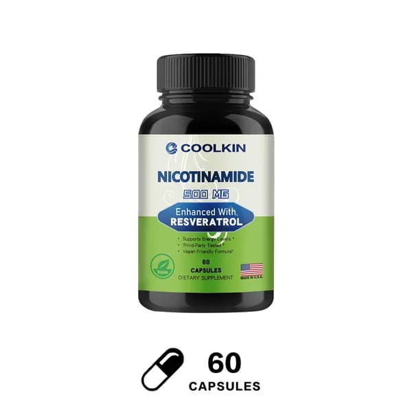 Coolkin Nicotinamide 500 MG Enhanced With Resveratrol разработан для поддержания уровня энергии, здоровья кожи и уровня NAD+, используя веганскую формулу.