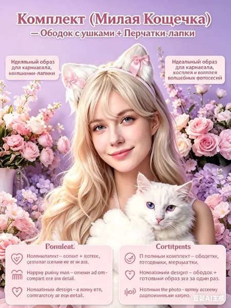 Ободок с пушистыми кошачьими ушками и розовыми бантами