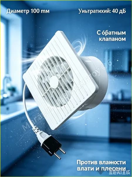 вентилятор вытяжной 100/ с обратным клапаном, подходит для ванных комнат, туалетов, кухонь и саун, устраняет необходимость сверления для удаления влаги и запахов. Белый цвет.